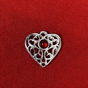 Silver Tone Filigree Heart With Red Gemstone Charm Pendant